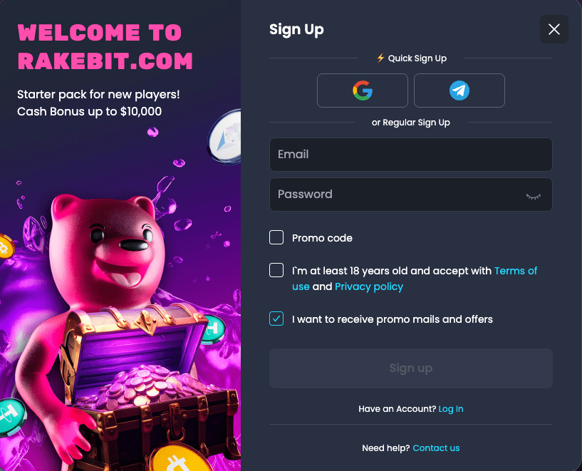 Rakebit casino registration page desktop